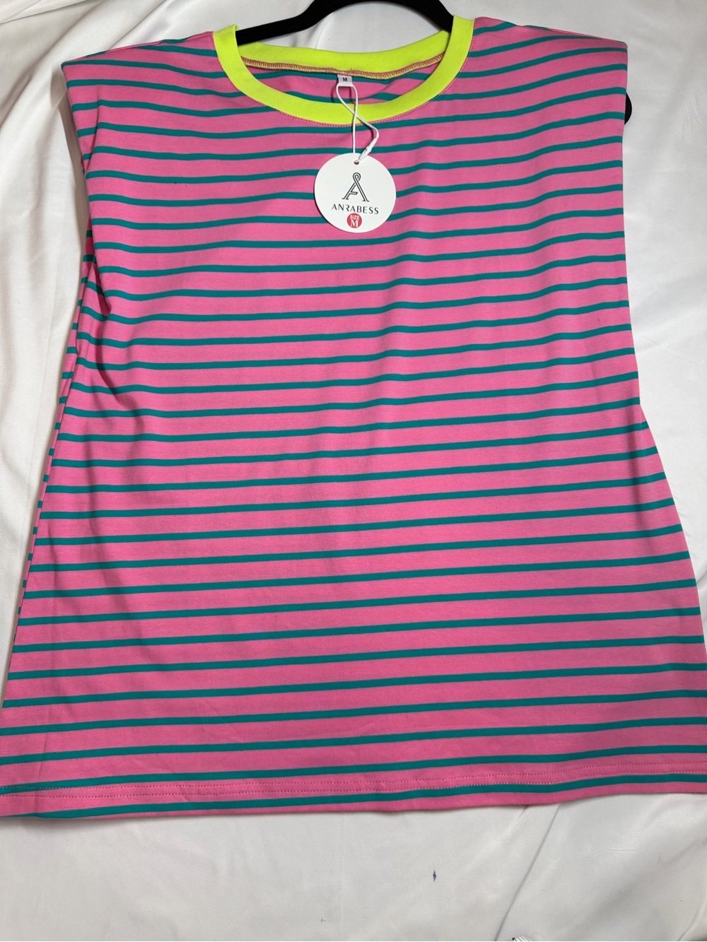 ANABESS Pink & Teal Striped Short Sleeve Tee with Neon Trim